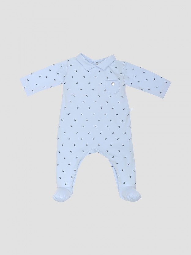 Printed babygrow with lapel collar