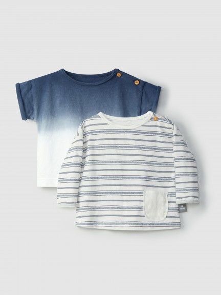 Conjunto de dos camisetas: estampada con dip dye y a rayas