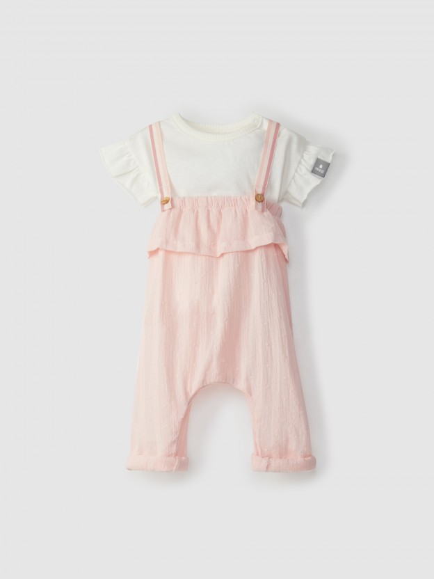 Ensemble salopette plumetis � volant + t-shirt