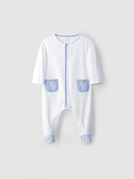 Babygrow with striped fabric details Babygrow with striped fabric details