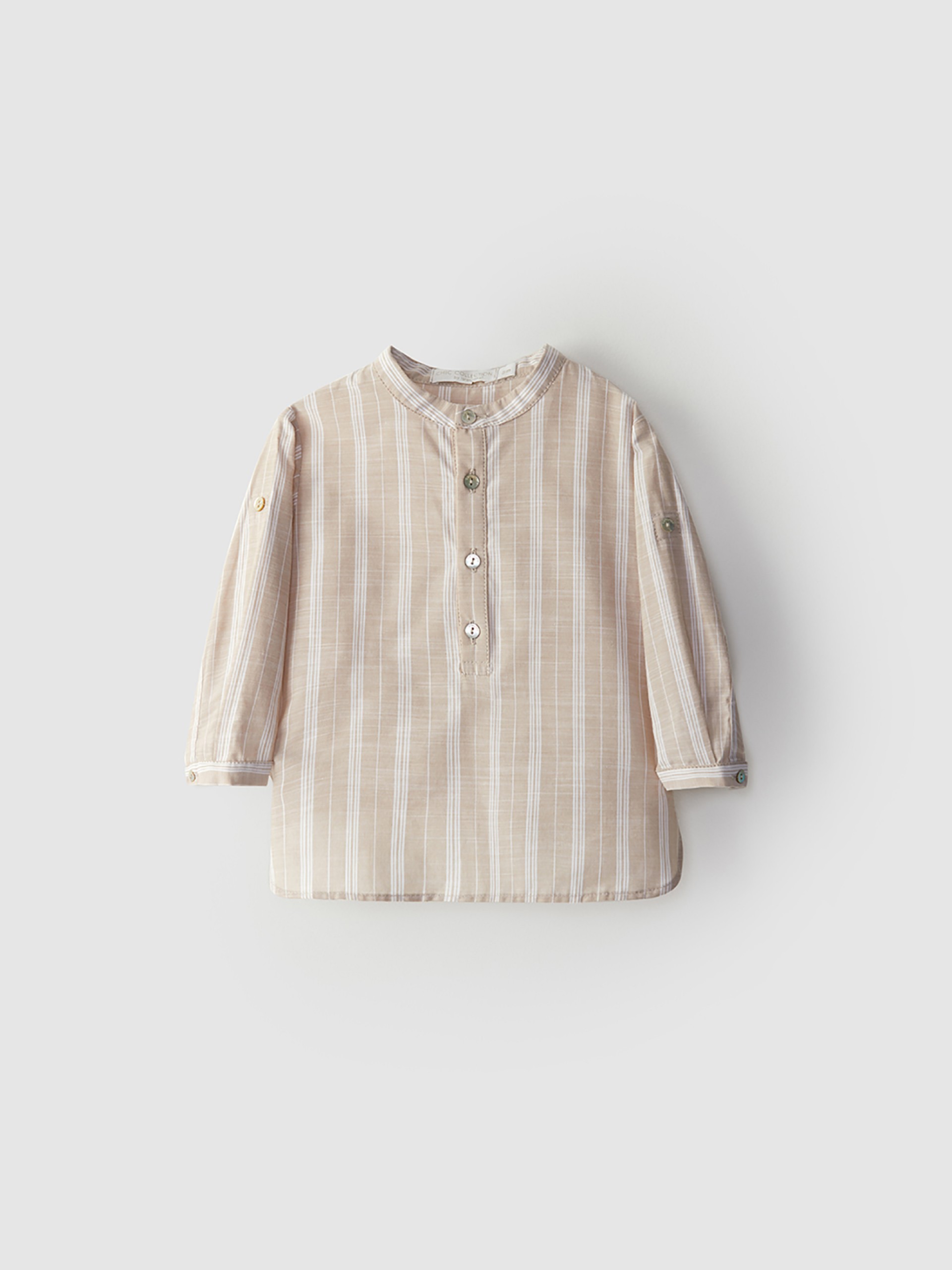 Tunic style striped shirt with mao collar