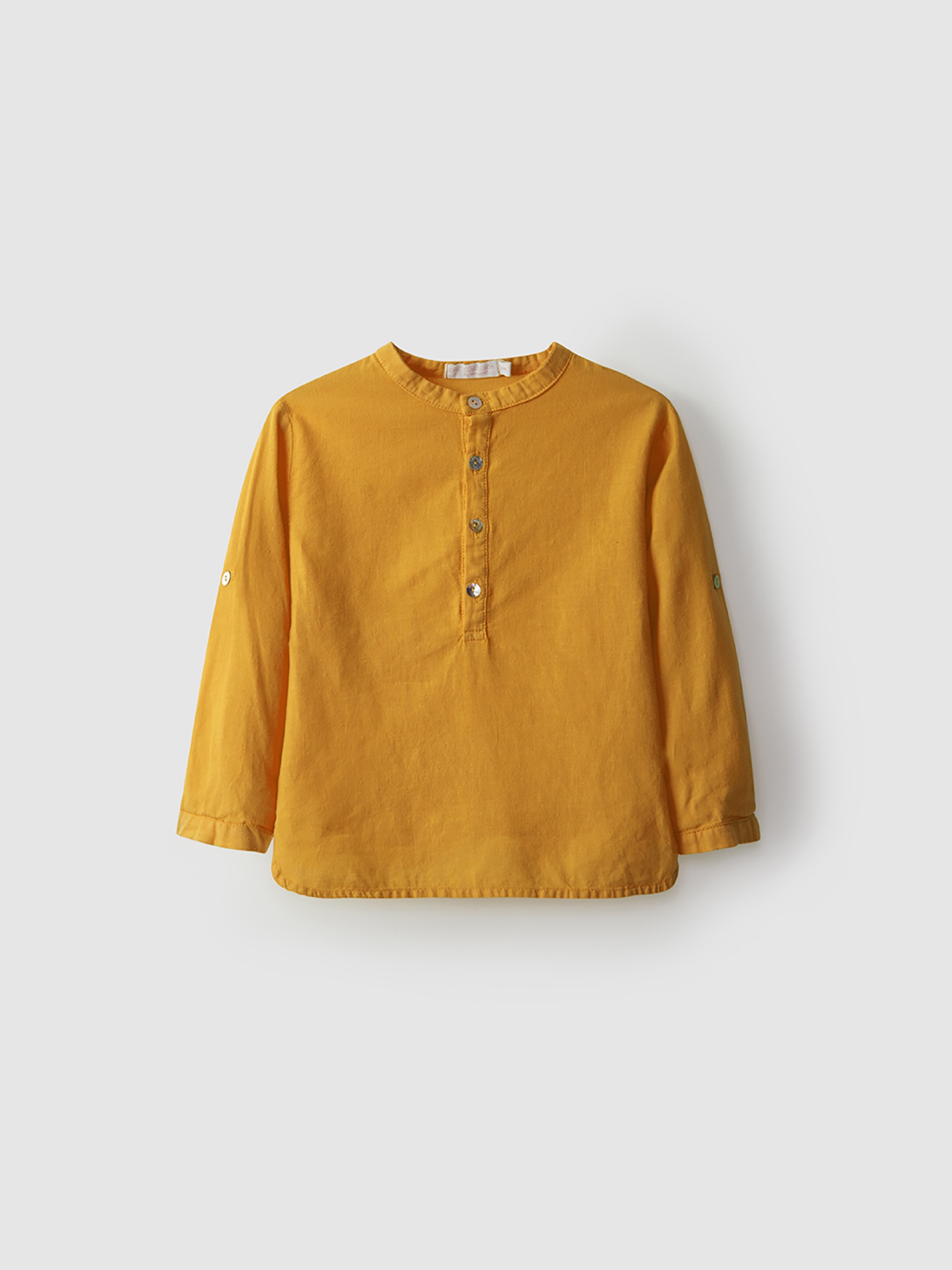 Tunic style linen shirt with mao collar