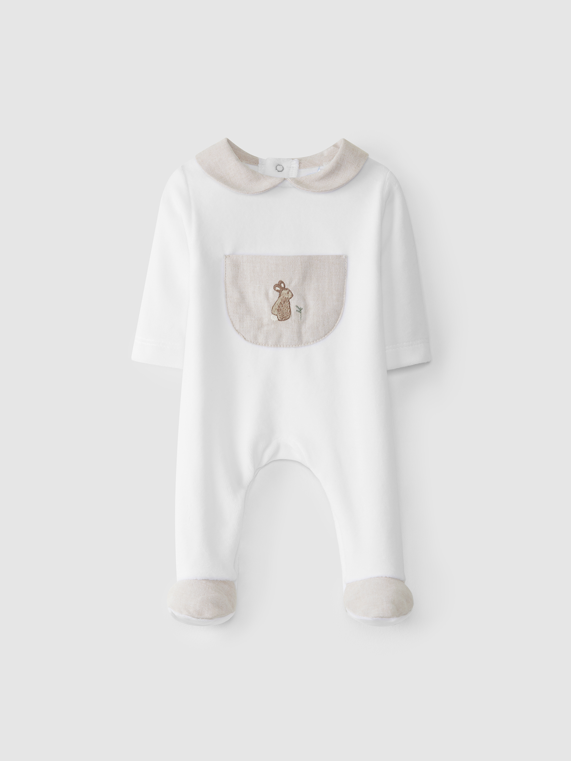 Velvet babygrow with embroidered pocket