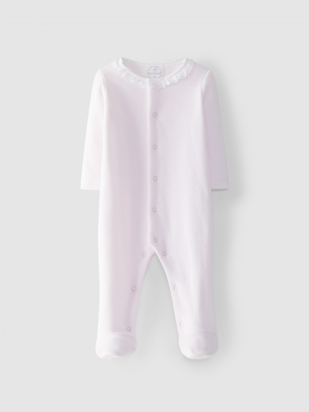 Velvet babygrow embroidered collar