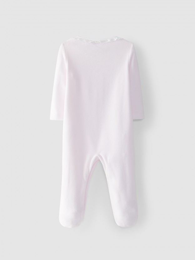 Velvet babygrow embroidered collar