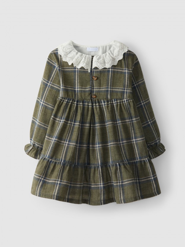 Plaid dress embroidered collar