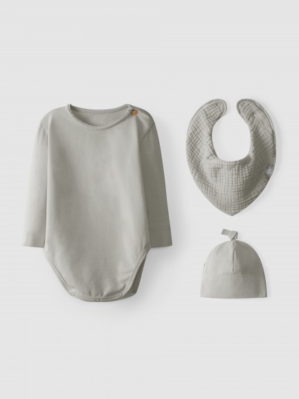 Bodysuit, bib, and hat set Bodysuit, bib, and hat set