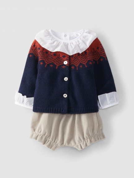 Conjunto gola de folho casaco jacquard e calções Conjunto gola de folho casaco jacquard e calções
