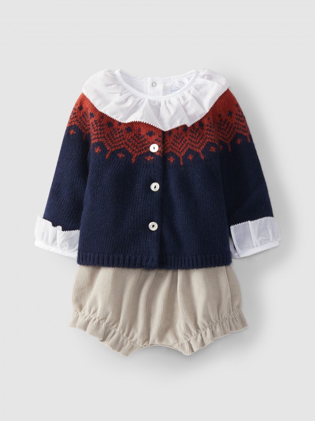 Conjunto abrigo cuello de volante y shorts jacquard Conjunto abrigo cuello de volante y shorts jacquard