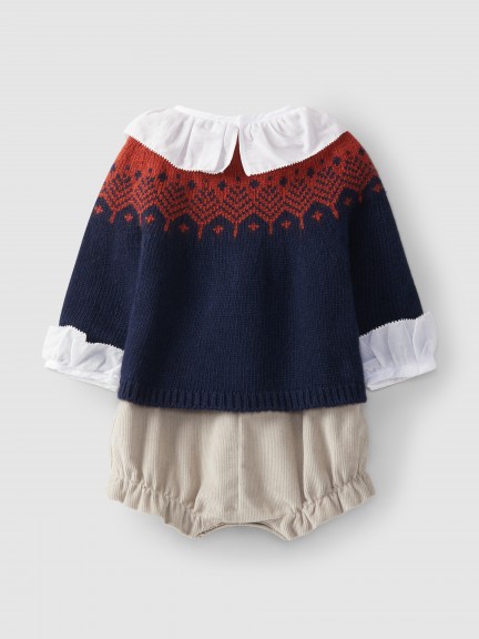 Conjunto gola de folho casaco jacquard e calções Conjunto gola de folho casaco jacquard e calções