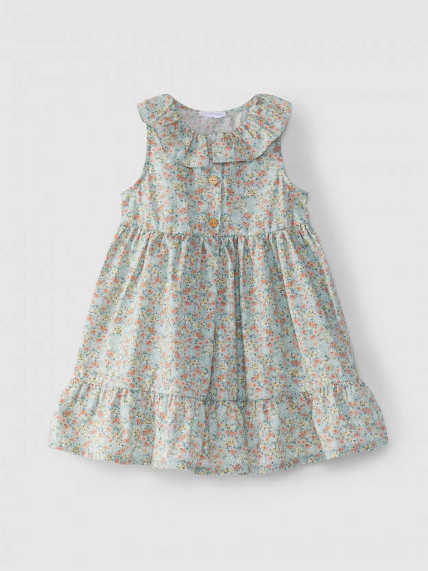 Vestido flores gola de folho