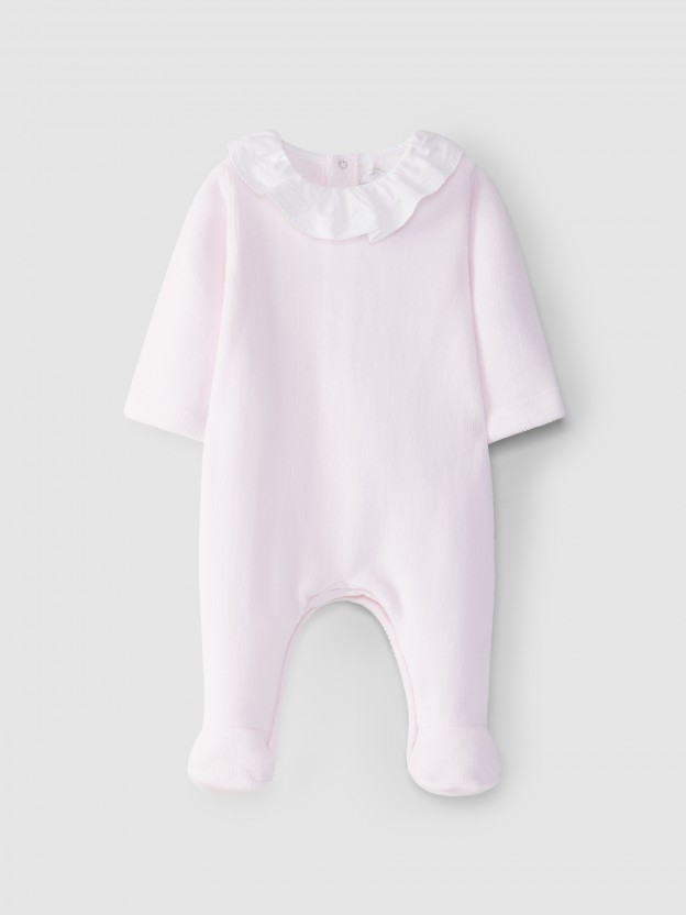Ribbed velvet babygrow with ruffled collar Ribbed velvet babygrow with ruffled collar