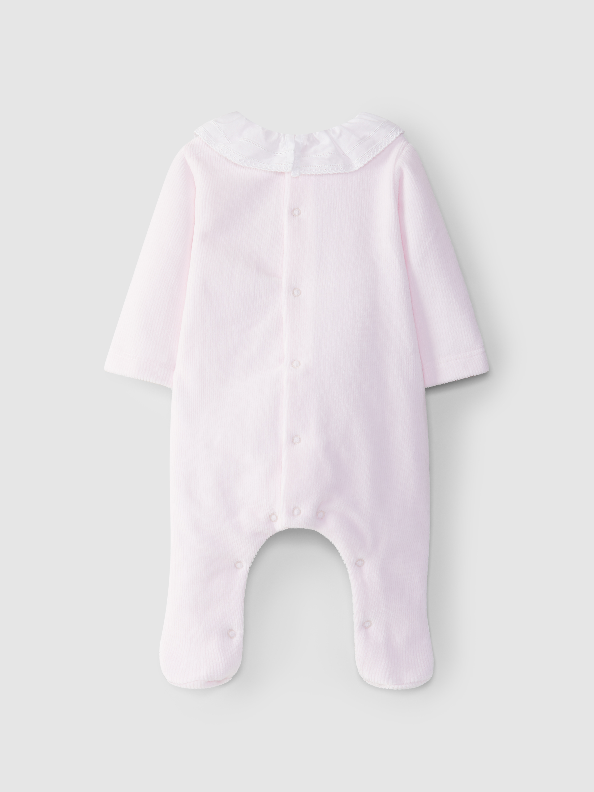 Ribbed velvet babygrow with ruffled collar