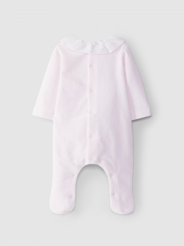 Ribbed velvet babygrow with ruffled collar Ribbed velvet babygrow with ruffled collar