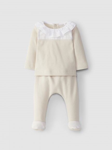 Traje de dos piezas rayas con cuello bordado Traje de dos piezas rayas con cuello bordado