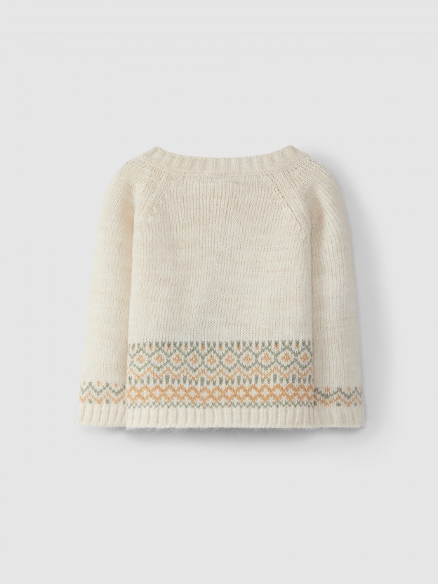 Jacquard knitted cardigan with a round collar. Jacquard knitted cardigan with a round collar.
