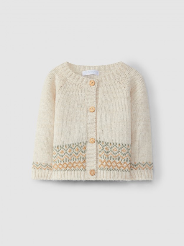 Jacquard knitted cardigan with a round collar. Jacquard knitted cardigan with a round collar.