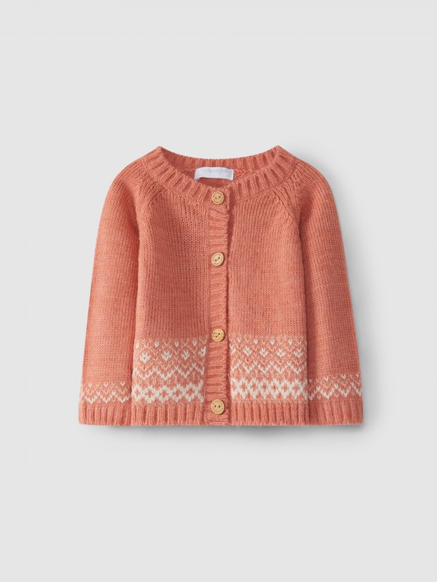Jacquard knitted cardigan with a round collar.