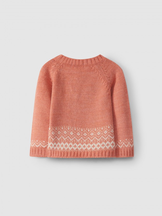 Jacquard knitted cardigan with a round collar.