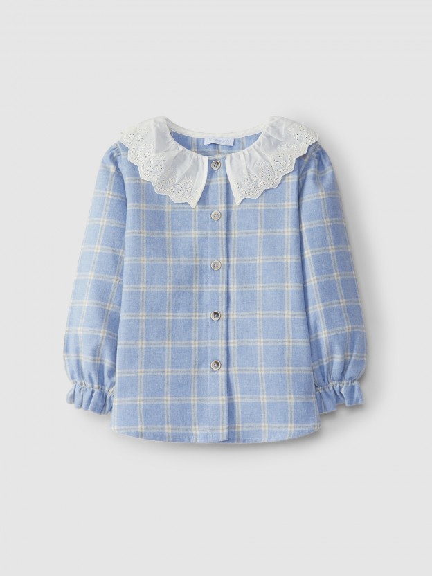 Plaid blouse with English embroidery collar Plaid blouse with English embroidery collar