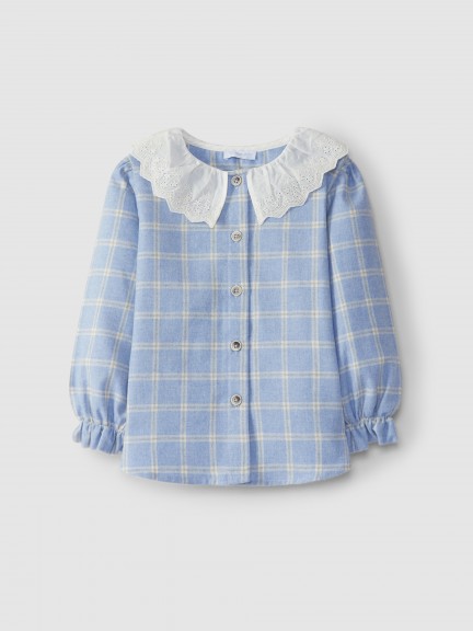Plaid blouse with English embroidery collar Plaid blouse with English embroidery collar