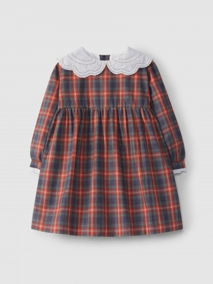Plaid dress embroidered collar