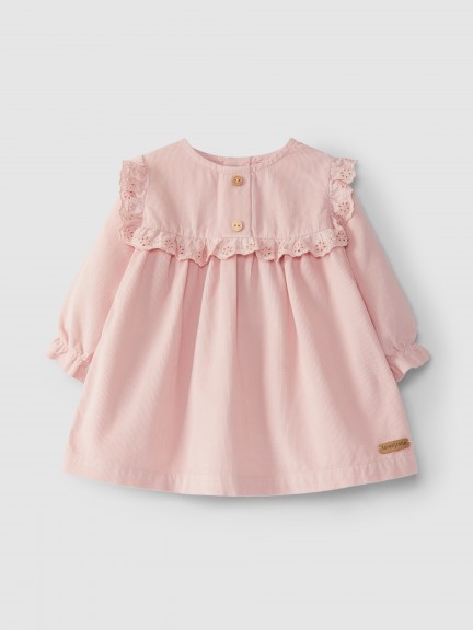 Robe en velours micro-c�tel� avec broderie anglaise