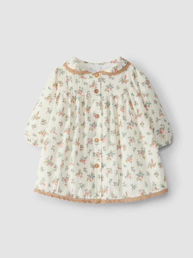 Vestido muselina floral con detalles de encaje