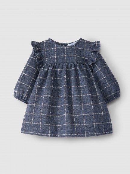 Vestido de punto con estampado de cuadros y detalle de volante