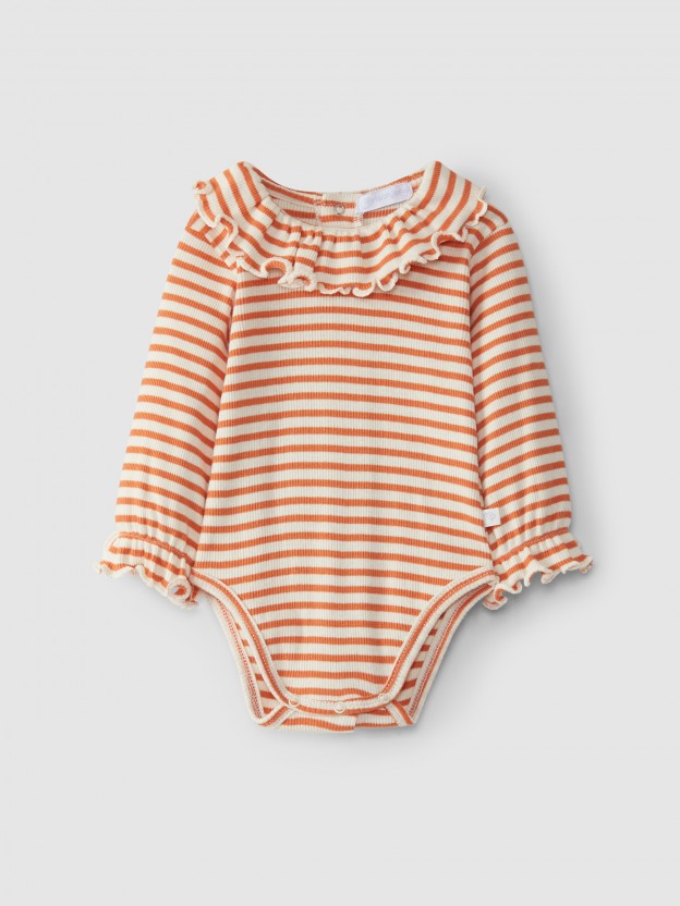 Bodysuit ribbed striped jersey ruffled collar