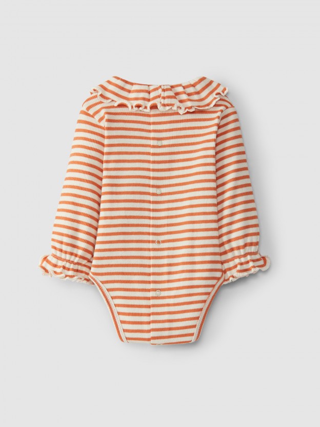 Bodysuit ribbed striped jersey ruffled collar