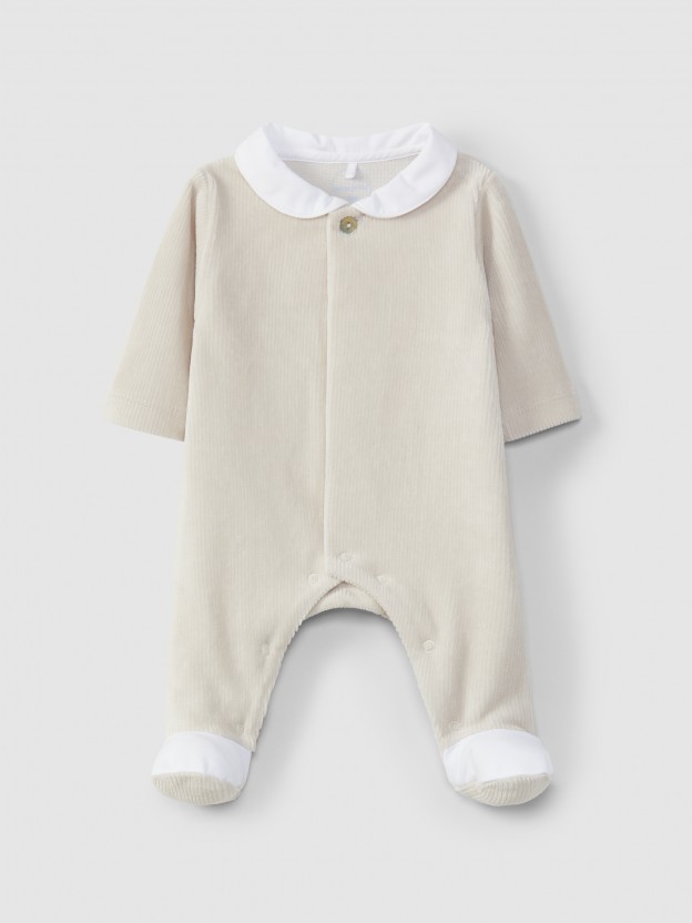 Ribbed velvet babygrow with round collar