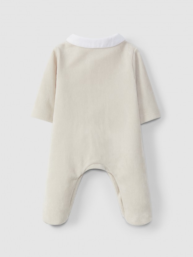 Ribbed velvet babygrow with round collar