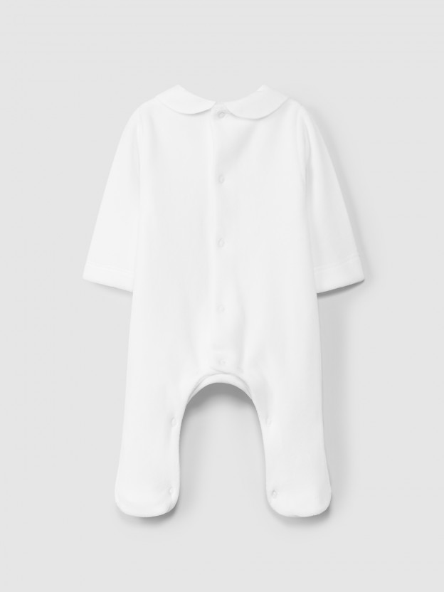 Velvet babygrow with embroidered honeycombs Velvet babygrow with embroidered honeycombs