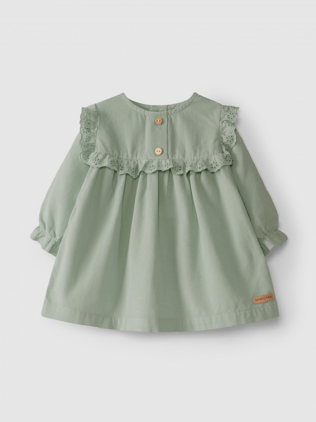 Micro-corduroy dress with English embroidery