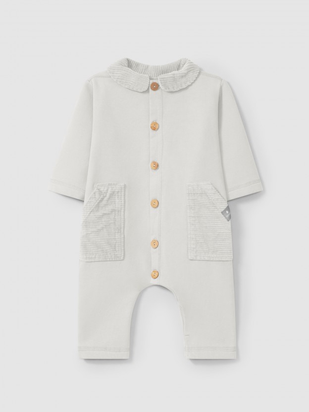 Romper with collar and pockets in ribbed velvet Romper with collar and pockets in ribbed velvet