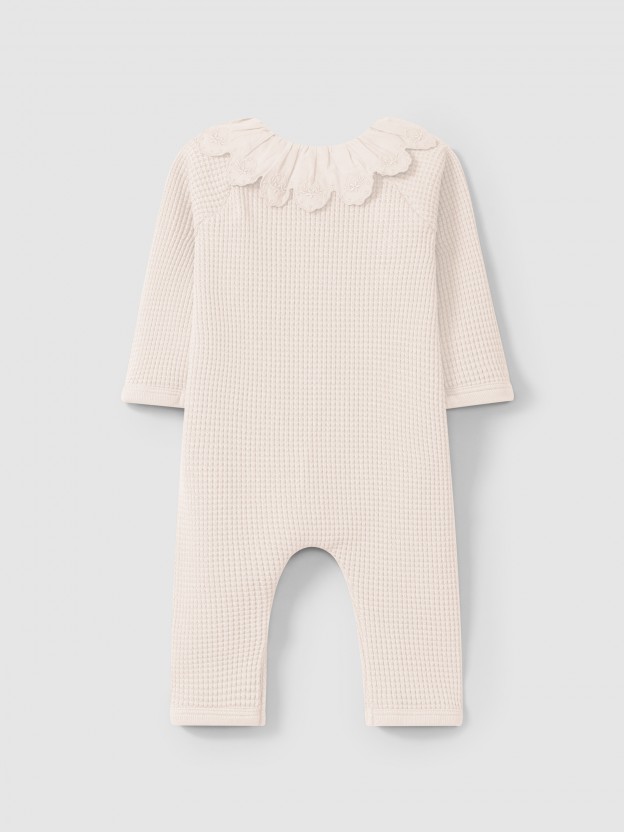 Waffle weave romper with ruffled collar Waffle weave romper with ruffled collar