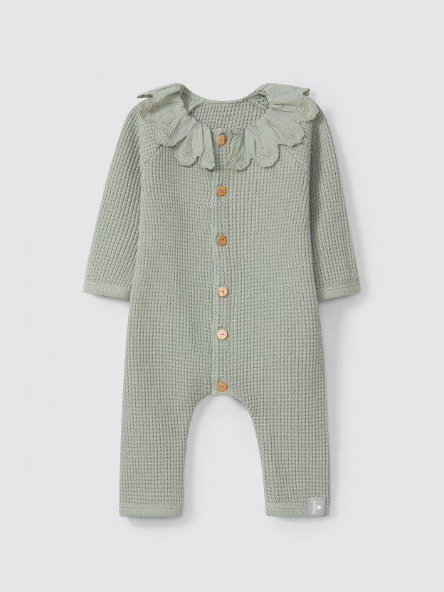 Waffle weave romper with ruffled collar Waffle weave romper with ruffled collar