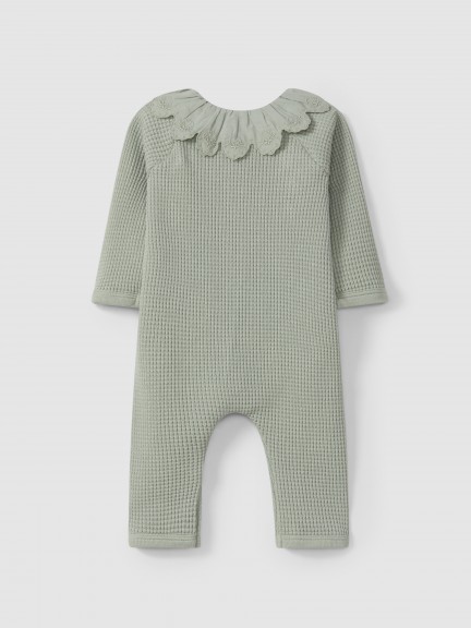 Waffle weave romper with ruffled collar Waffle weave romper with ruffled collar