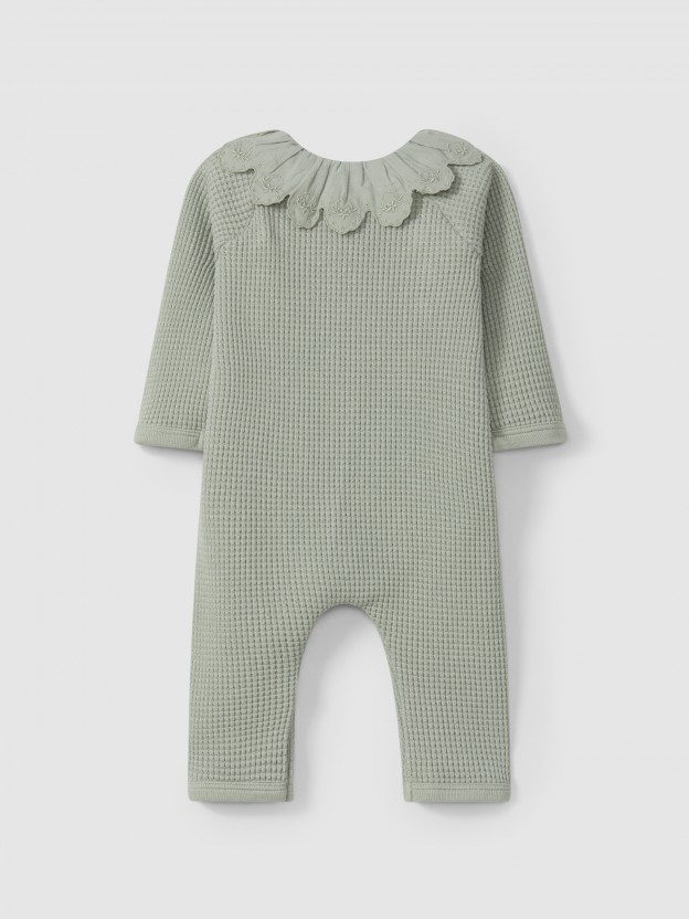 Waffle weave romper with ruffled collar Waffle weave romper with ruffled collar