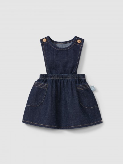 High-waisted, under-bust skirt with suspenders in organic cotton denim High-waisted, under-bust skirt with suspenders in organic cotton denim