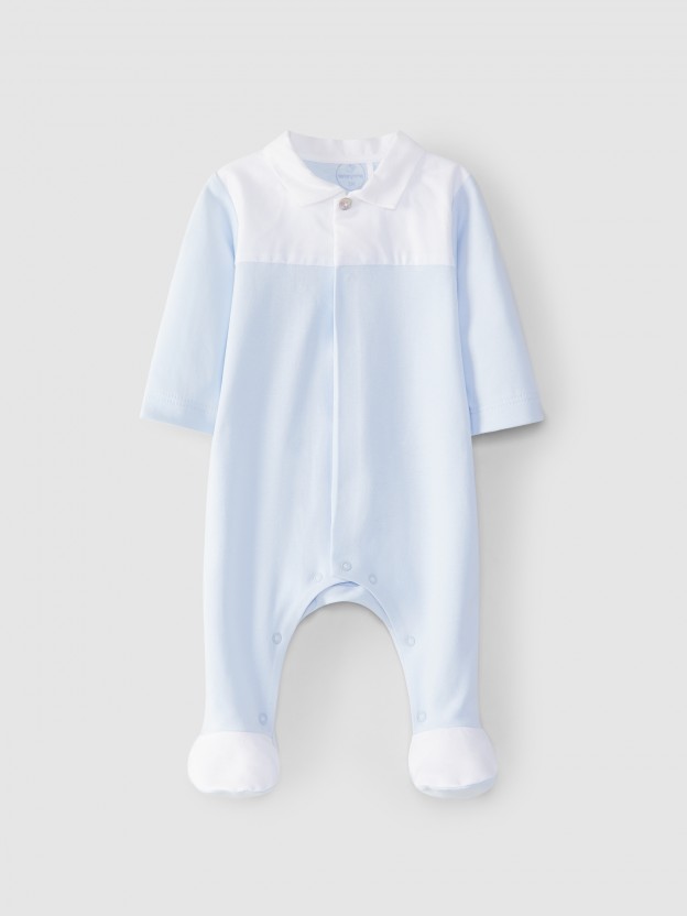 Babygrow gola em bico encaixe tecido de quadricula Babygrow gola em bico encaixe tecido de quadricula