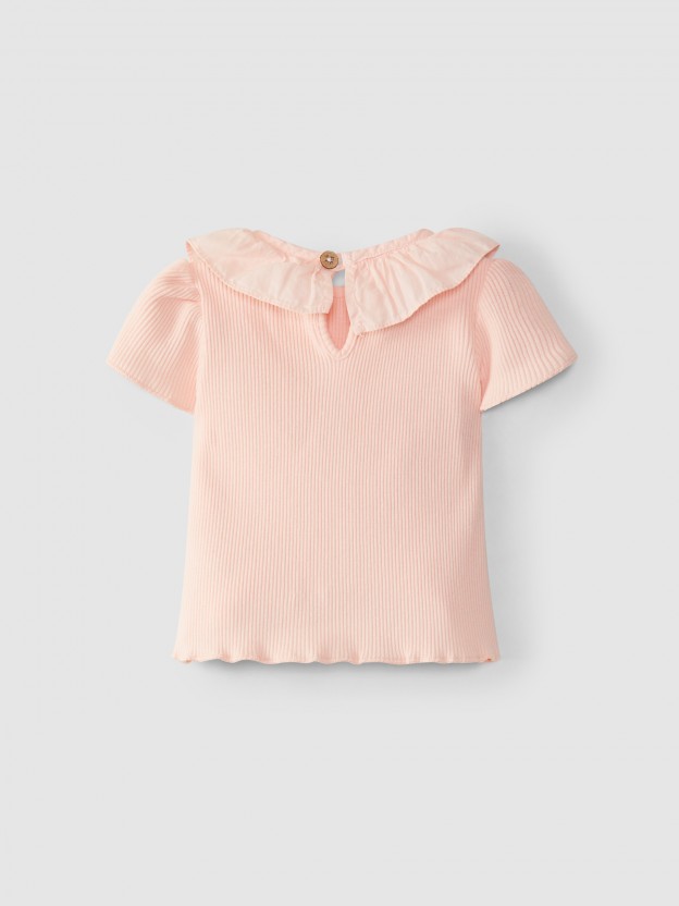 Ribbed jersey T-shirt with ruffled collar