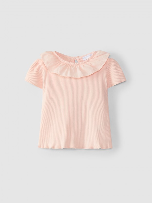 Ribbed jersey T-shirt with ruffled collar
