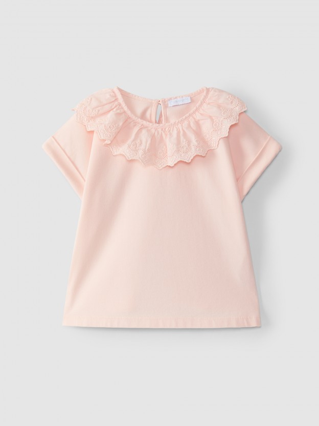 T-shirt � col � volant brod�