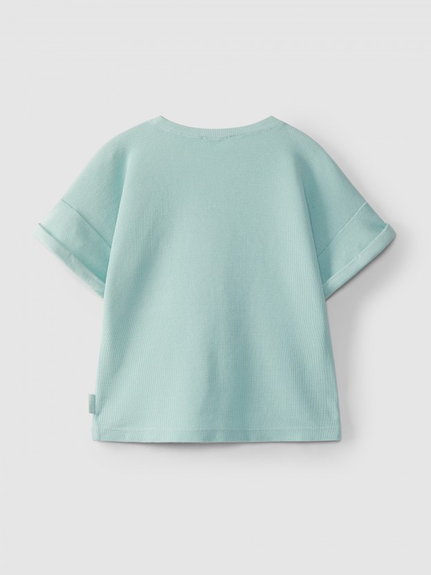 Waffle jersey T-shirt with English embroidery pocket Waffle jersey T-shirt with English embroidery pocket