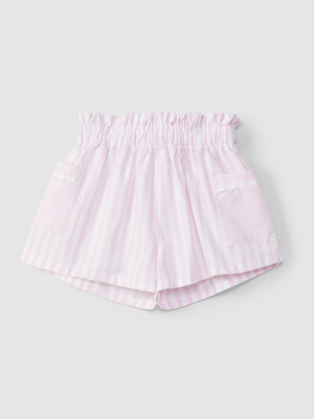 Short pull-up rayures application de fleurs brod�es