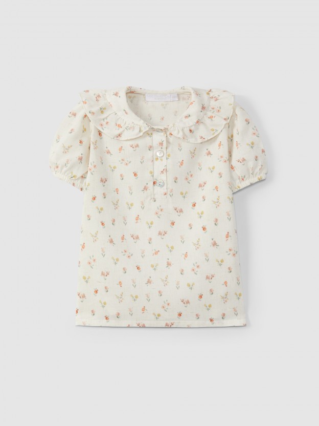 Blouse fleurs à col peter pan à volant Blouse fleurs à col peter pan à volant