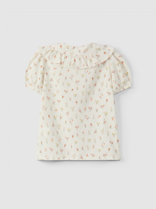 Blouse fleurs à col peter pan à volant Blouse fleurs à col peter pan à volant