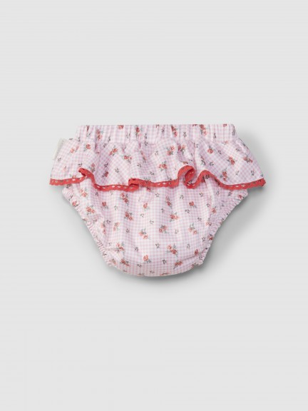 Culotte de bain de plage type barboteuse fleurs et détail en crochet Culotte de bain de plage type barboteuse fleurs et détail en crochet